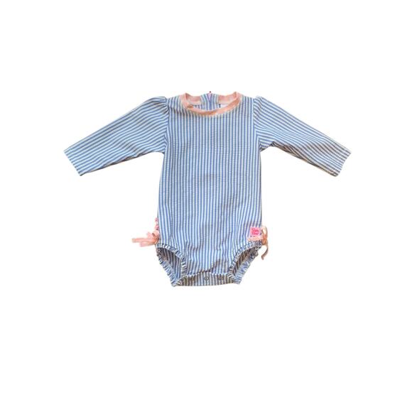 RuffleButts Periwinkle Seersuckef Swimsuit - Picture 1 of 6